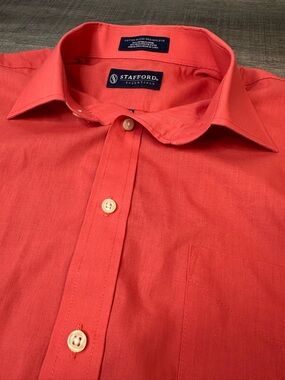 Stafford Bright Coral Casual Dress Shirt Regular Fit Cotton Blend 15 1/2